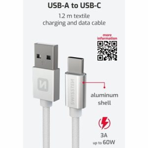 DATOVÝ KABEL TEXTILE USB / USB-C 1,2 M STŘÍBRNÝ