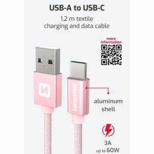 DATOVÝ KABEL TEXTILE USB / USB-C 1,2 M RŮŽOVO/ZLATÝ