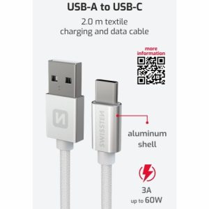DATOVÝ KABEL TEXTILE USB / USB-C 2,0 M STŘÍBRNÝ