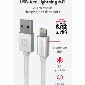 DATOVÝ KABEL TEXTILE USB / LIGHTNING MFi 2,0 M STŘÍBRNÝ