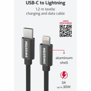 DATOVÝ KABEL TEXTILE USB-C / LIGHTNING 1,2 M ČERNÝ