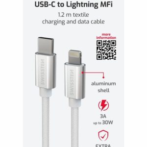 DATOVÝ KABEL TEXTILE USB-C / LIGHTNING MFi 1,2 M STŘÍBRNÝ
