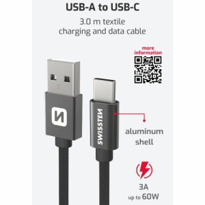 DATOVÝ KABEL TEXTILE USB / USB-C 3,0 M ČERNÝ
