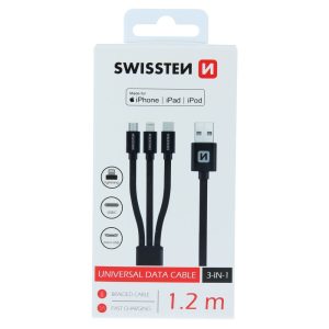 DATOVÝ KABEL TEXTILE 3in1 MFi 1,2 M ČERNÝ (Lightning, USB-C, Micro USB)