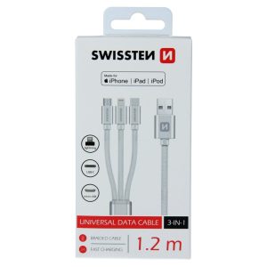 DATOVÝ KABEL TEXTILE 3in1 MFi 1,2 M STŘÍBRNÝ (Lightning, USB-C, Micro USB)