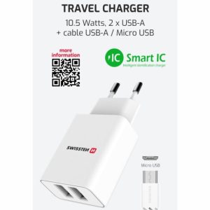 SÍŤOVÝ ADAPTÉR SMART IC 2x USB 2,1A POWER + DATOVÝ KABEL USB / MICRO USB 1,2 M BÍLÝ