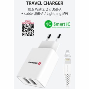SÍŤOVÝ ADAPTÉR SMART IC 2x USB 2,1A POWER + DATOVÝ KABEL USB / LIGHTNING MFi 1,2 M BÍLÝ