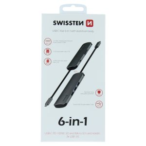 USB-C HUB 6-IN-1 (USB-C PD, 3X USB 3.0, SD, MICRO SD) ALUMINIUM