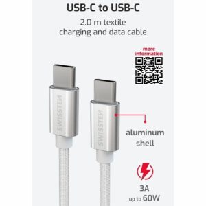 DATOVÝ KABEL TEXTILE USB-C / USB-C 2,0 M STŘÍBRNÝ