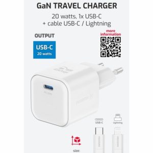 SÍŤOVÝ ADAPTÉR GaN 1x USB-C 20W POWER DELIVERY BÍLÝ + DATOVÝ KABEL USB-C/LIGHTNING 1,2 M BÍLÝ