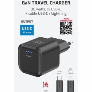 SÍŤOVÝ ADAPTÉR GaN 1x USB-C 35W POWER DELIVERY ČERNÝ + DATOVÝ KABEL USB-C/LIGHTNING 1,2 M ČERNÝ