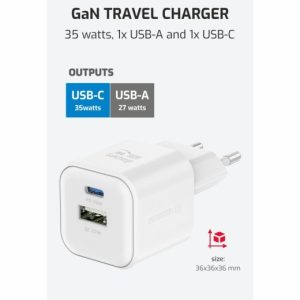 SÍŤOVÝ ADAPTÉR GaN 1x USB-C 35W PD + 1x USB-A 27W QC BIELY