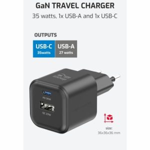 SÍŤOVÝ ADAPTÉR GaN 1x USB-C 35W PD + 1x USB-A 27W QC ČIERNY