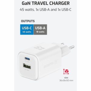 SÍŤOVÝ ADAPTÉR GaN 1x USB-C 45W PD + 1x USB-A 18W QC BÍLÝ