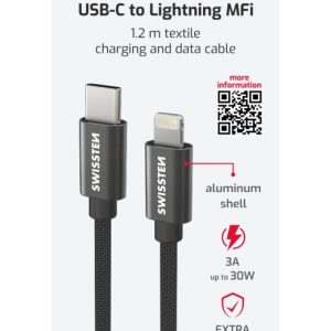 DATOVÝ KABEL TEXTILE USB-C / LIGHTNING MFi 1,2 M ČERNÝ