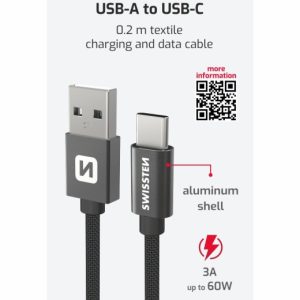 DATOVÝ KABEL TEXTILE USB / USB-C 0,2 M ČERNÝ