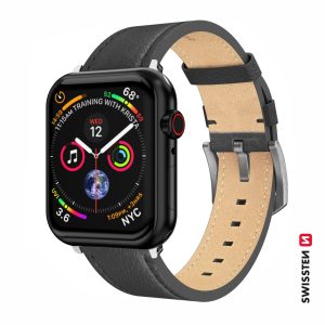 REMIENOK PRO APPLE WATCH KOŽENÝ 42 / 44 / 45 / 49 mm ČIERNY (stříbrná spona a stříbrné poutko)