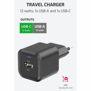 SÍŤOVÝ ADAPTÉR 12W 1x USB-C + 1x USB-A ČERNÝ