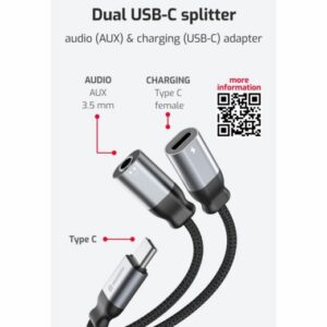 NABÍJECÍ AUDIO ADAPTÉR TEXTILE USB-C (samec) / USB-C (samice) a 3,5mm AUX 0,12 M ČERNÝ
