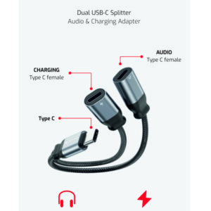 NABÍJECÍ AUDIO ADAPTÉR TEXTILE USB-C (samec) / 2x USB-C (samice) 0,12 M ČERNÝ