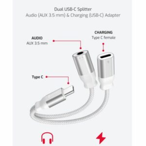 NABÍJECÍ AUDIO ADAPTÉR TEXTILE USB-C (samec) / USB-C (samice) a 3,5mm AUX 0,12 M BÍLÝ