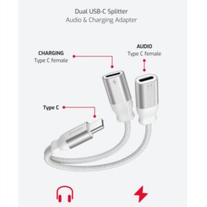 NABÍJECÍ AUDIO ADAPTÉR TEXTILE USB-C (samec) / 2x USB-C (samice) 0,12 M BÍLÝ