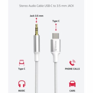AUDIO ADAPTÉR TEXTILE USB-C (samec) / 3,5 mm JACK (samec) 1,5M BÍLÝ
