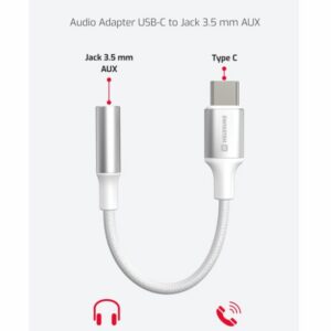 AUDIO ADAPTÉR TEXTILE USB-C (samec) / 3,5mm AUX 0,15 M BÍLÝ