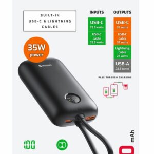 POWER BANK VOLTBOX 35W 10000 mAh S INTEGROVANÝMI KABELY USB-C A LIGHTNING ČERNÁ