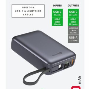 POWER BANK SPACE 20000 mAh S INTEGROVANÝMI KABELY USB-C A LIGHTNING STŘÍBRNÁ