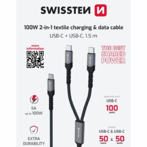 NABÍJECÍ KABEL 2v1 100W USB-C / 2x USB-C 1,5 M ČERNÝ