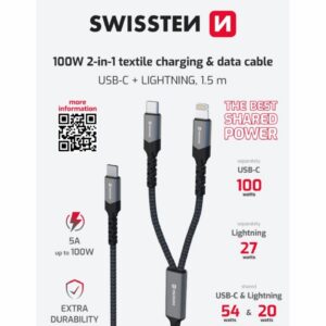 NABÍJECÍ KABEL 2v1 100W USB-C / USB-C + LIGHTNING 1,5 M ČERNÝ