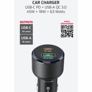 CL ADAPTÉR USB-C PD + USB-A, 63W ČIERNY
