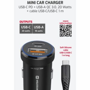 CL ADAPTÉR USB-C PD + USB-A, 20W ČERNÝ + KABEL USB-C / USB-C, 1 M