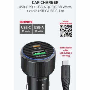 CL ADAPTÉR USB-C PD + USB-A, 38W ČIERNY + KÁBEL USB-C / USB-C, 1 M