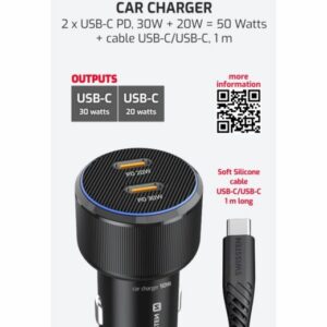 CL ADAPTÉR 2x USB-C PD, 50W ČIERNY + KÁBEL USB-C / USB-C, 1 M