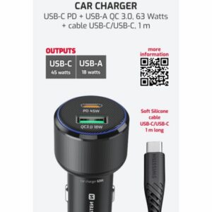 CL ADAPTÉR USB-C PD + USB-A, 63W ČIERNY + KÁBEL USB-C / USB-C, 1 M