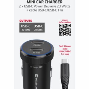 CL ADAPTÉR 2x USB-C PD, 20W ČIERNY + KÁBEL USB-C / USB-C, 1 M