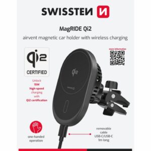 MAGNETICKÝ DRŽÁK DO VENTILACE AUTA MagRide S BEZDRÁTOVÝM NABÍJENÍM Qi2 15W (kompatibilní s MagSafe)