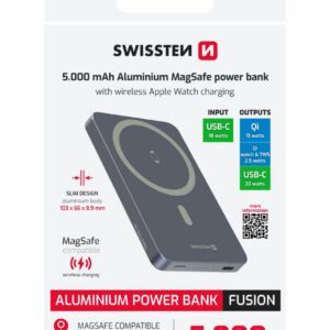 POWER BANK FUSION 5000 mAh S NABÍJENÍM APPLE WATCH (kompatibilní s MagSafe) STŘÍBRNÁ