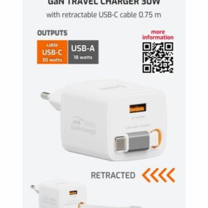 SÍŤOVÝ ADAPTÉR SlideCHARGE GaN 30W, 1x USB-A 18W SE ZATAHOVACÍM USB-C KABELEM 0.75 M BÍLÝ