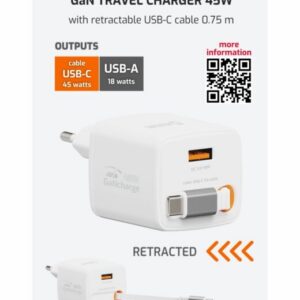 SÍŤOVÝ ADAPTÉR SlideCHARGE GaN 45W, 1x USB-A 18W SE ZATAHOVACÍM USB-C KABELEM 0.75 M BÍLÝ