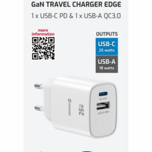 SÍŤOVÝ ADAPTÉR EDGE GaN 1x USB-C PD 25W + 1x USB-A 18W QC BÍLÝ
