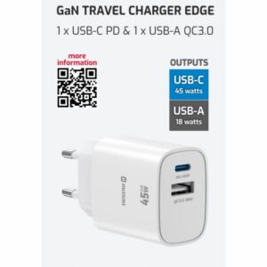 SÍŤOVÝ ADAPTÉR EDGE GaN 1x USB-C PD 45W + 1x USB-A 18W QC BÍLÝ