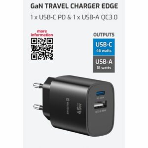 SÍŤOVÝ ADAPTÉR EDGE GaN 1x USB-C PD 45W + 1x USB-A 18W QC ČERNÝ