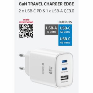 SÍŤOVÝ ADAPTÉR EDGE GaN 2x USB-C PD 65W + 1x USB-A 18W QC BÍLÝ