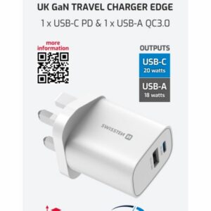 SÍŤOVÝ ADAPTÉR EDGE GaN 1x USB-C PD 20W + 1x USB-A 18W QC, PRO UK ZÁSUVKU BÍLÝ