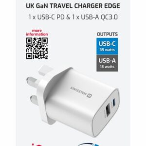 SÍŤOVÝ ADAPTÉR EDGE GaN 1x USB-C PD 35W + 1x USB-A 18W QC, PRO UK ZÁSUVKU BÍLÝ