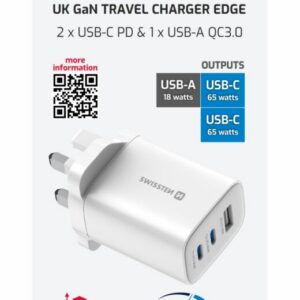 SÍŤOVÝ ADAPTÉR EDGE GaN 2x USB-C PD 65W + 1x USB-A 18W QC, PRO UK ZÁSUVKU BÍLÝ