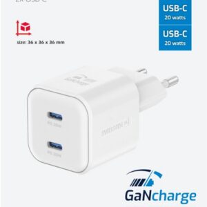 SÍŤOVÝ ADAPTÉR GaN 2x USB-C 20W POWER DELIVERY BÍLÝ
